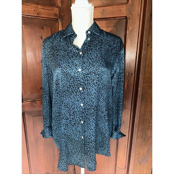 Womens Zara Top Blouse Shirt Satin Animal Print V Neck Collared Size XS - EUC - Picture 1 of 5